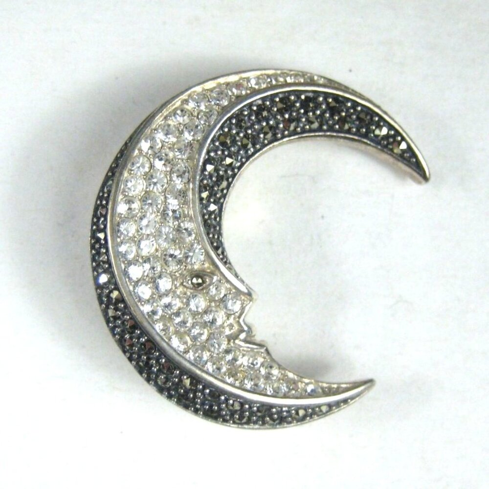 Sterling Silver Crescent Man in Moon Brooch Pin Marcasite Gem C Z 925 Thailand